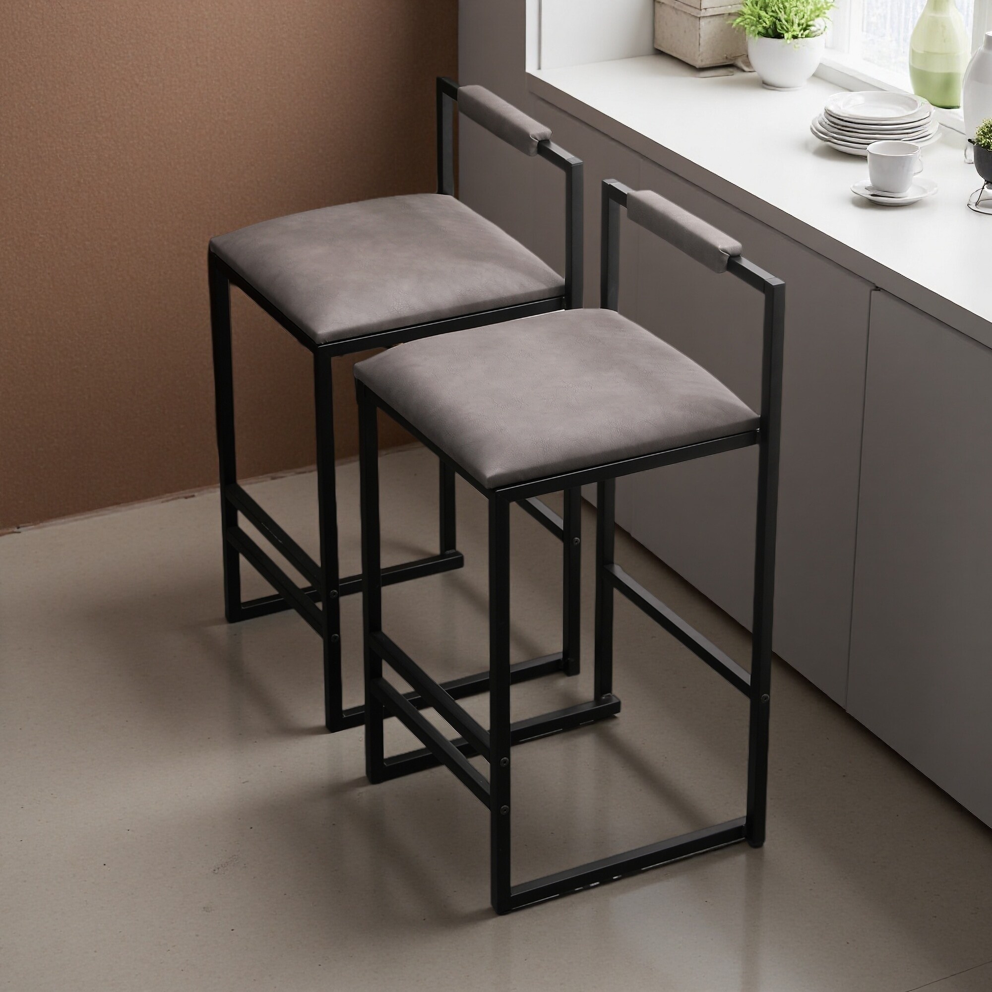 Faux Leather Bar Stools Set of 2 with Low Back and Footrest