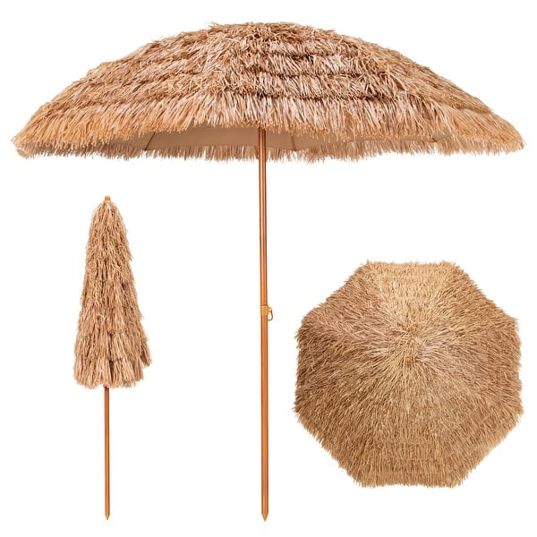 slide 2 of 10, Costway 8 FT Patio Thatched Tiki Umbrella 8 Ribs Portable Hawaiian Natural