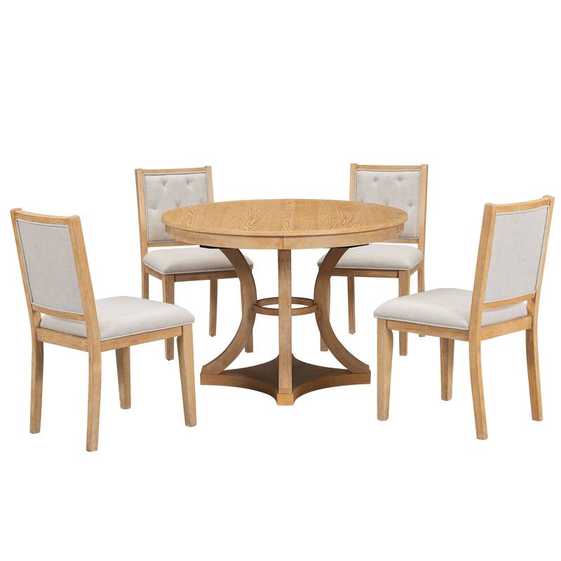 5-Piece Dining Table Set with Extendable Round Table, Kitchen Table Set with 4 Upholstered Chairs for Dining Room