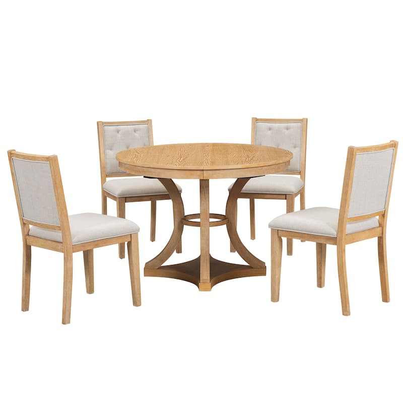 5-Piece Retro Functional Dining Table Set Extendable Round Table and 4 Upholstered Chairs for Dining Room and Living Room