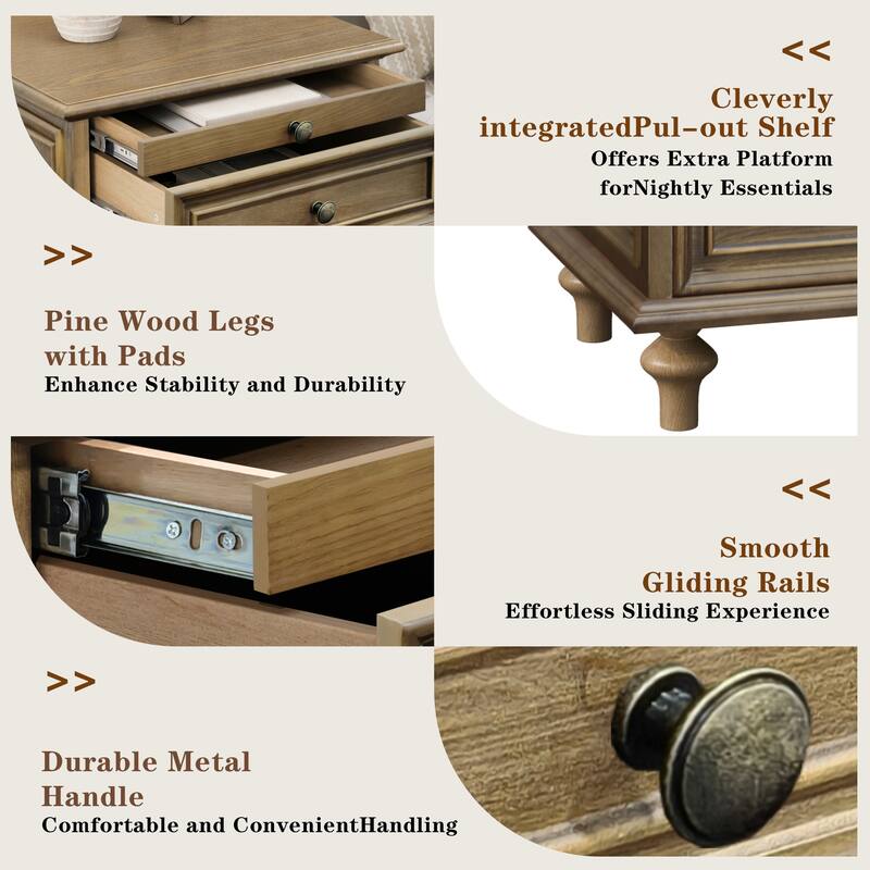 Nightstands with 4 Drawer,Wood Storage End Table with Hidden Pull-Out Shelf, with 4 Solid Wood Feet and Metal Handle