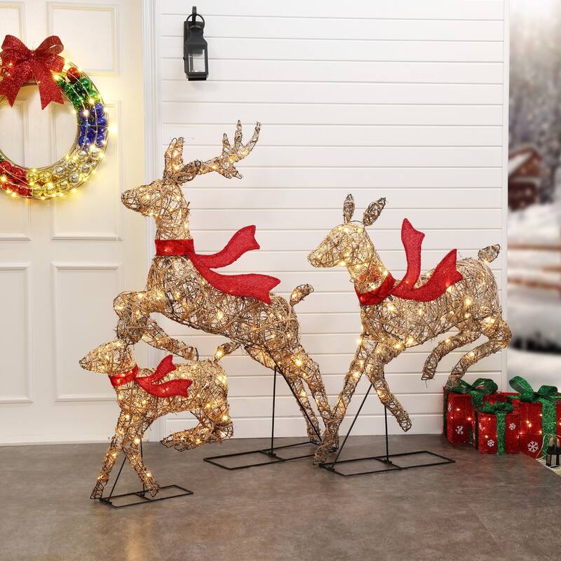 3-Piece Natural and Plastic Rattan Running Reindeer Holiday Decoration Set with Lights - Brown/Red