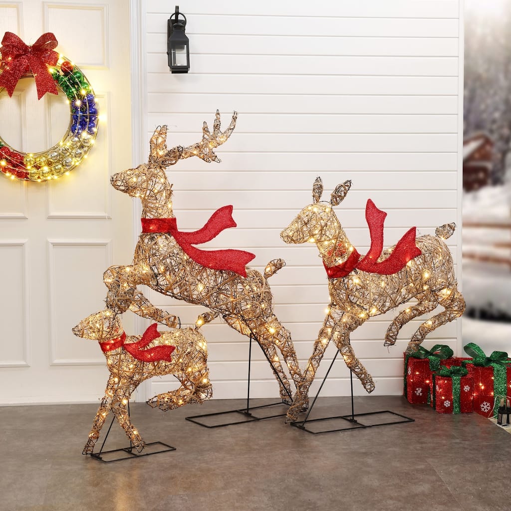3-Piece Natural and Plastic Rattan Running Reindeer Holiday Decoration Set with Lights - Brown/Red