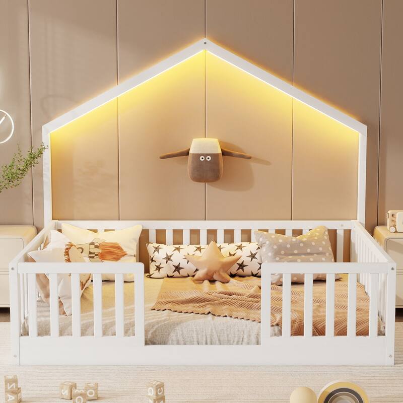 Roomfitters Twin/Full Floor Platform Bed, House Frame and LED Light with Wooden High Rails for Bedrooms or Guest Rooms