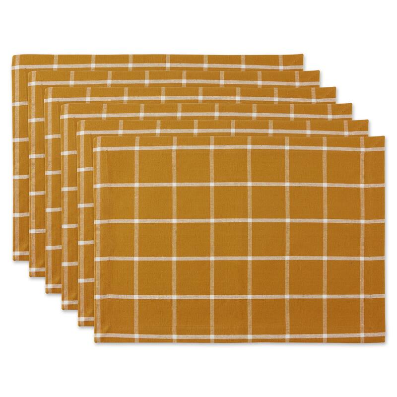 Windowpane Plaid Cotton Placemats - 19" - Honey Orange and White - Set of 6