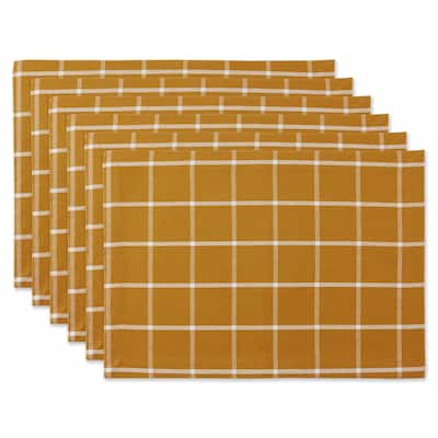 Windowpane Plaid Cotton Placemats - 19" - Honey Orange and White - Set of 6