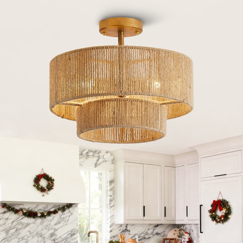 Bohemian Gold Natural Handmade Jute Rope 3-Light Two-Tier Drum Semi-Flush Mount Ceiling Light - 15.4" W x 12.6" H