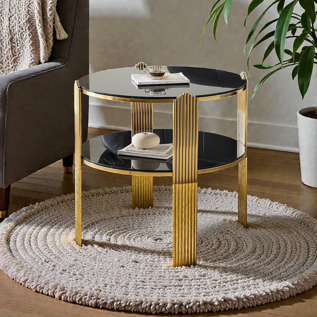 35 Inch Modern Round Coffee Table with Double Layer Black Glass and Gold Stainless Steel Frame, Easy Assembly