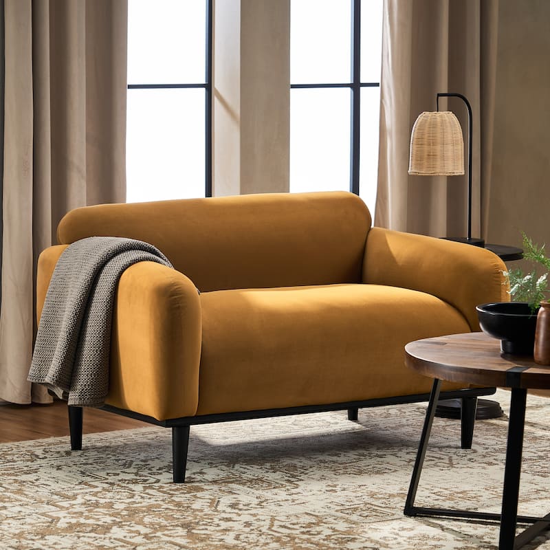 Minimalist Loveseat with Tapered Birch Wood Legs, Comfortable Upholstered Small Couch 2 Seat Settee for Living Room - Yellow