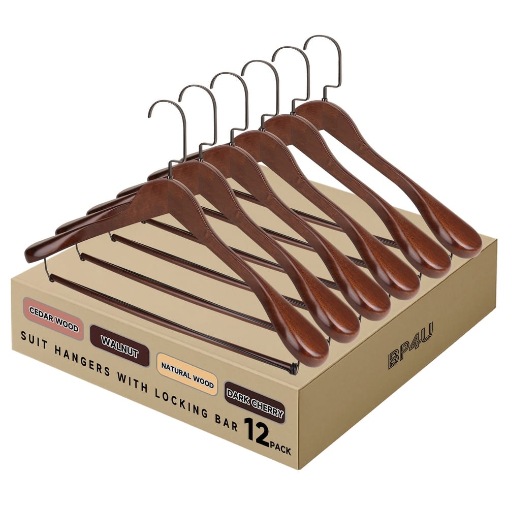 BP4U Premium Wide Shoulder Wooden Suit Hangers, Heavy-Duty Non-Slip Solid Wood Coat Hangers with Locking Pants Bar