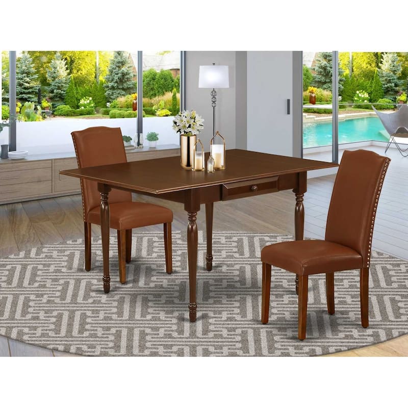 HomeStock 3-Piece Mahogany Finish Solid Wood Top With Dropleaf Dining Table Set