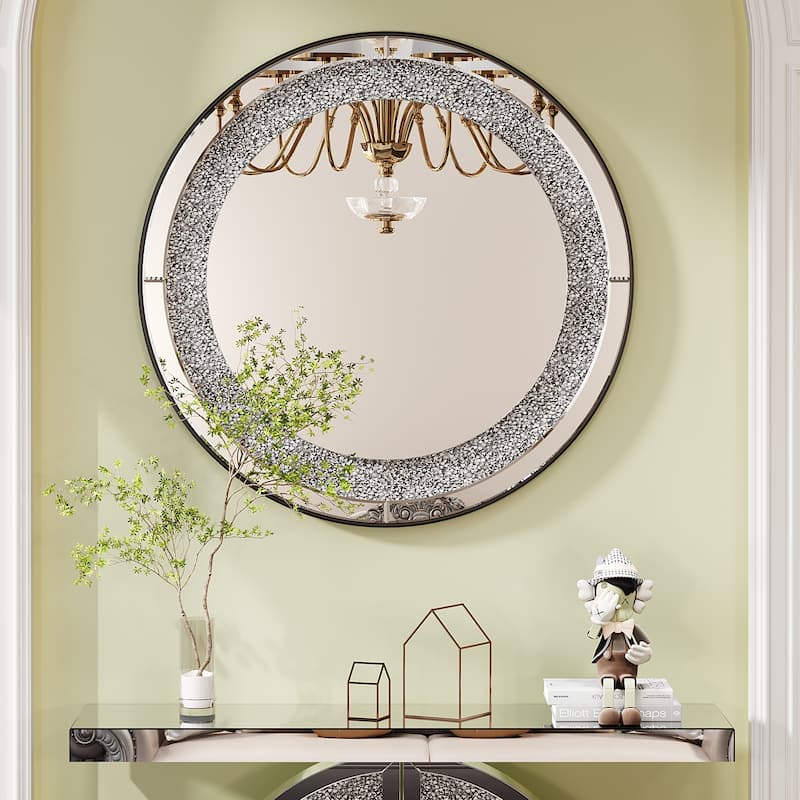 Crystal Crush Diamond Sparkly Silver Round Wall Mirror - Home Decoration
