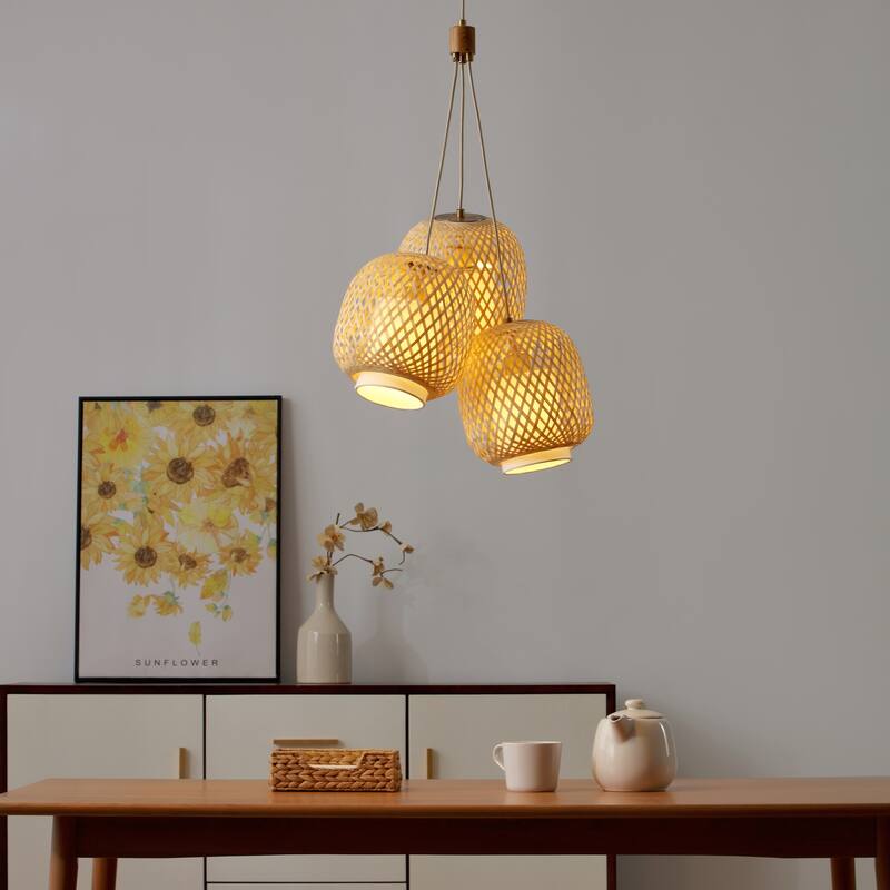 VidaLite FOS - 3-Light 78 in. Brushed Brass Bohemian Pendant with Woven Bamboo Shades