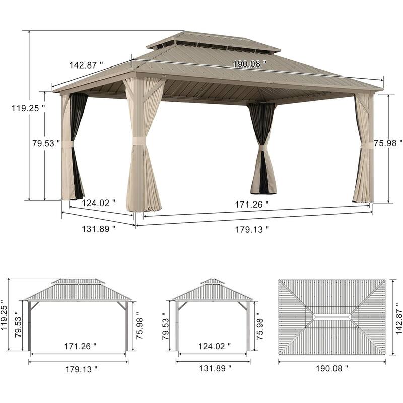 PURPLE LEAF Outdoor Hardtop Gazebo Champagne Metal Frame Galvanized Steel Double Roof with Curtains and Netting for Poolside