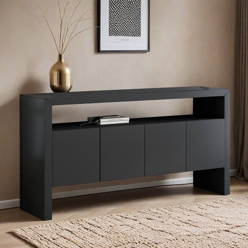 60" 4-Door Sideboard, Modern Minimalist Solid Wood Veneer Sideboard with Open Shelf, Natural Wood Grain - Black