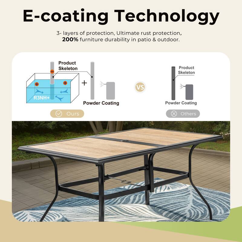 MAISON ARTS Outdoor Patio Dining Set with 6 Swivel Chairs and 1 Rectangular Umbrella Wood Like Table