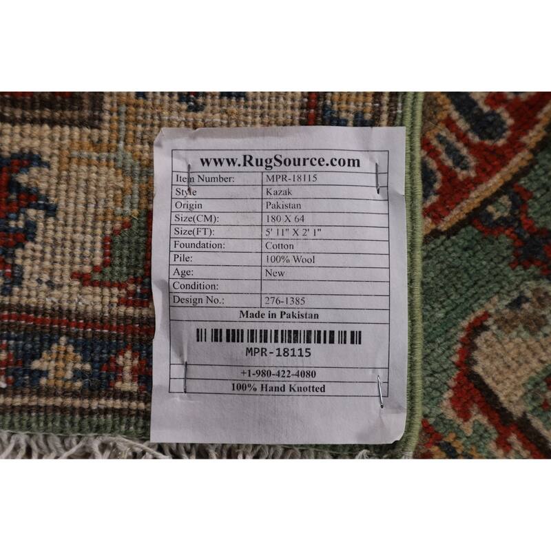 Light Green Kazak Runner Rug Handmade Oriental Wool Carpet - 2'1" x 5'11"