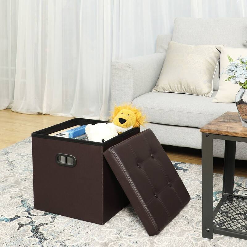 Faux Leather Folding Storage Ottoman Cube Foot Rest Stool Seat with Hole Handle - Brown