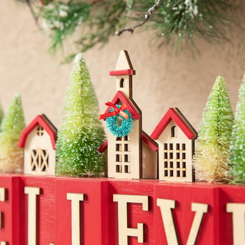 Glitzhome 14"L Christmas Wooden House Brush Trees Table Decor