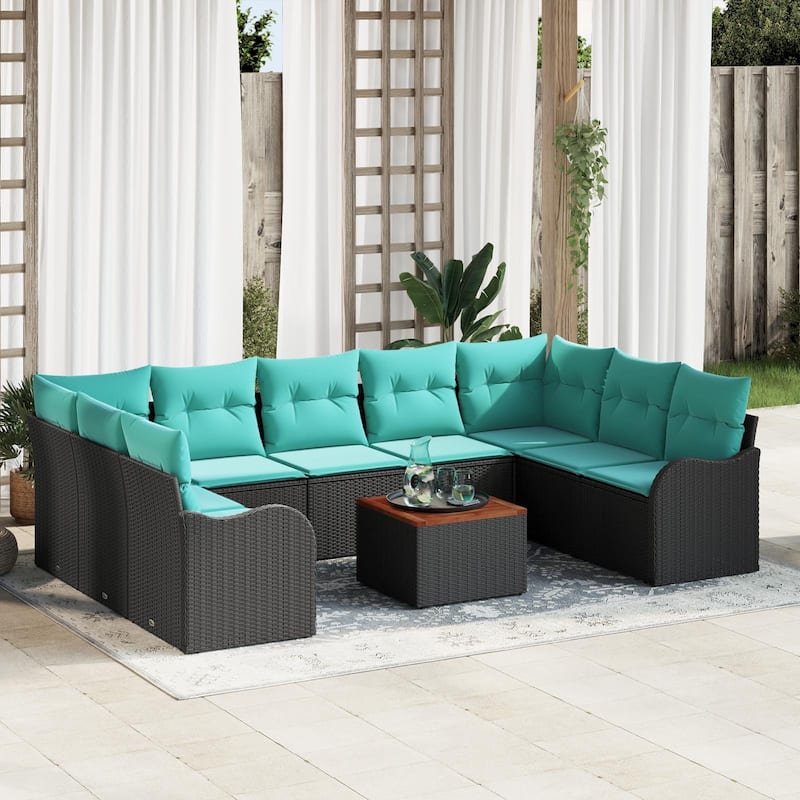 vidaXL 10 Garden Sofa Set with Cushions Black Poly Rattan - 113.8 x 69.9 x 27.2