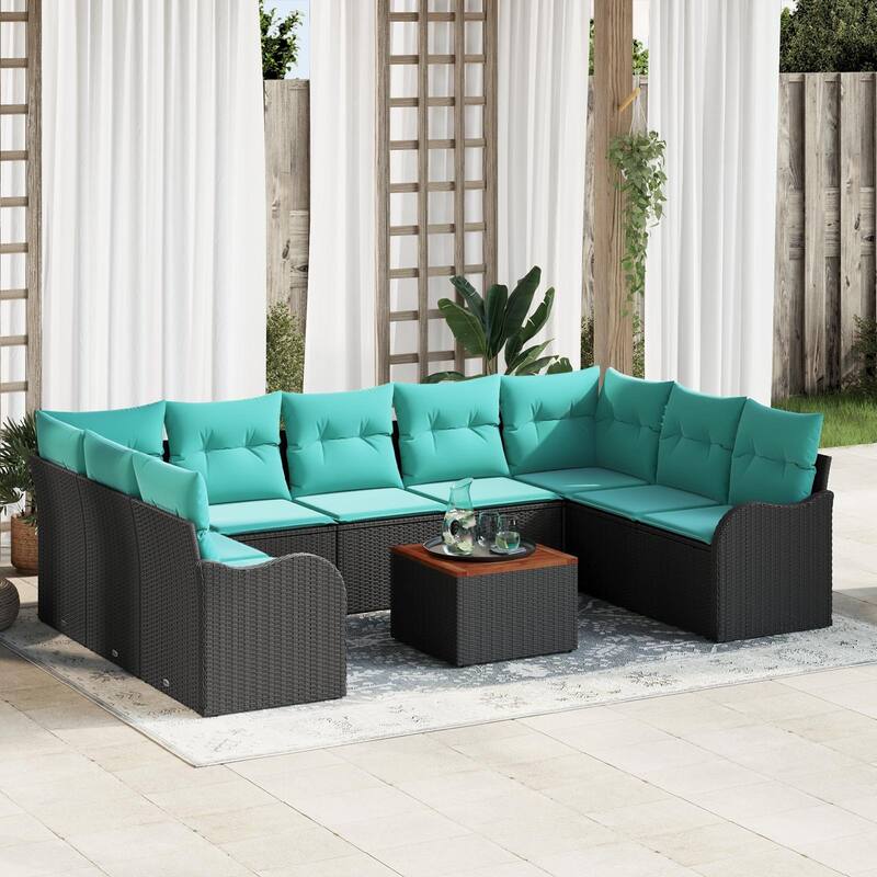 vidaXL 10 Piece Garden Sofa Set with Cushions Black Poly Rattan Acacia - 113.8 x 69.9 x 27.2