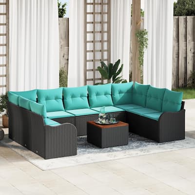 vidaXL 10 Piece Garden Sofa Set with Cushions Black Poly Rattan Acacia - 113.8 x 69.9 x 27.2