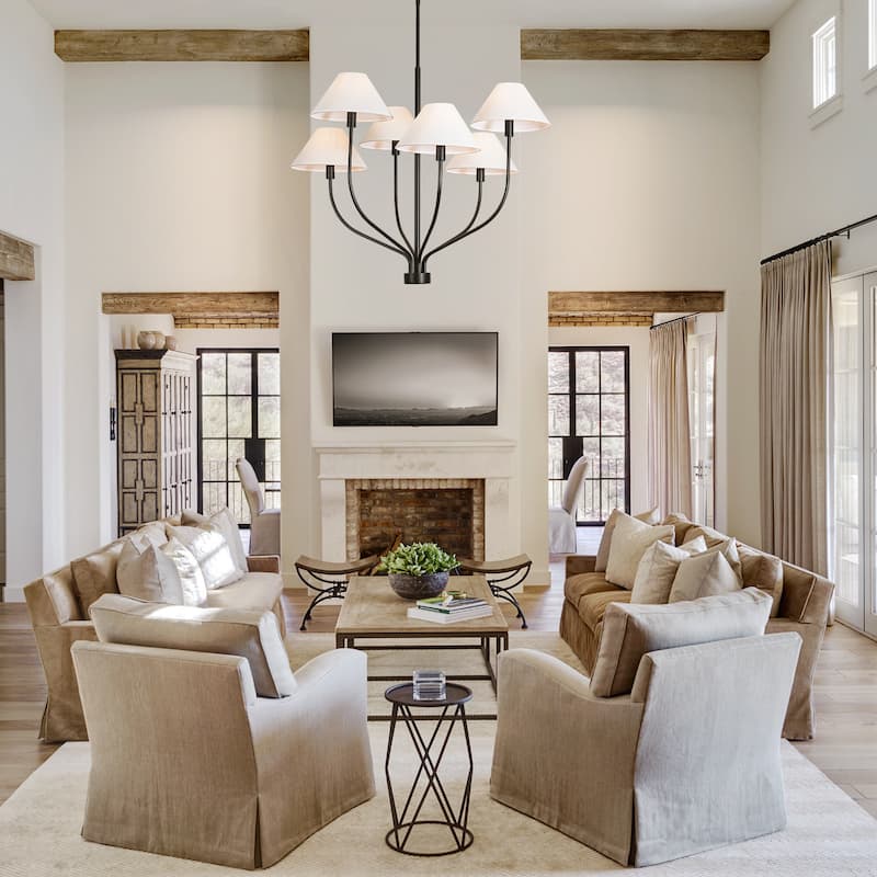 6-Light Modern Gold/Matte Black Sputnik Staggered Large Chandelier with Cone White Fabric Shade