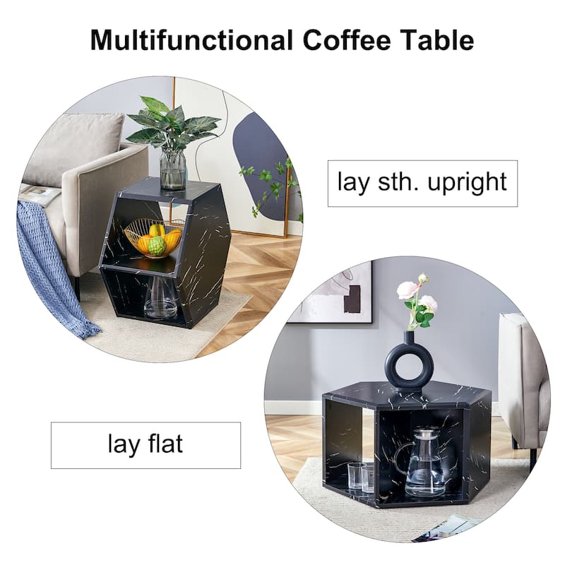 Hexagonal MDF coffee table, characteristic pattern stickers, multi-hole design to give more storage space