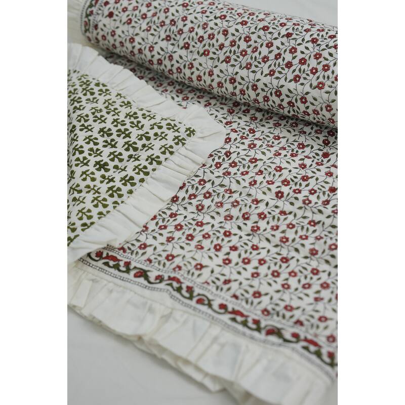 Fabdivine Handmade Cotton Quilt - Green Grey Floral Block Print, Reversible Layering Quilt, Artisan Bedspread, Heritage Textile