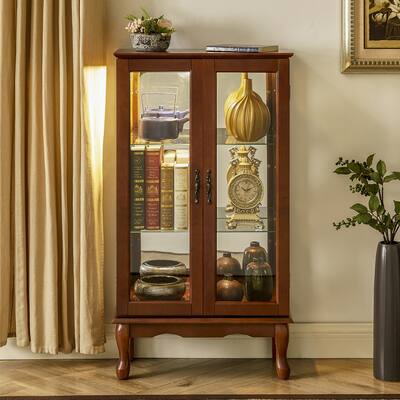 3-Tier Curio Cabinet with Mirrored Panel and Internal Lighting, Adjustable Glass Shelves, Classic Style, E26 Bulb Not Included