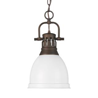 Yep by Golden Lighting Duncan 1-light 9in Chain Hung Pendant in Rubbed Bronze and Matte White shade