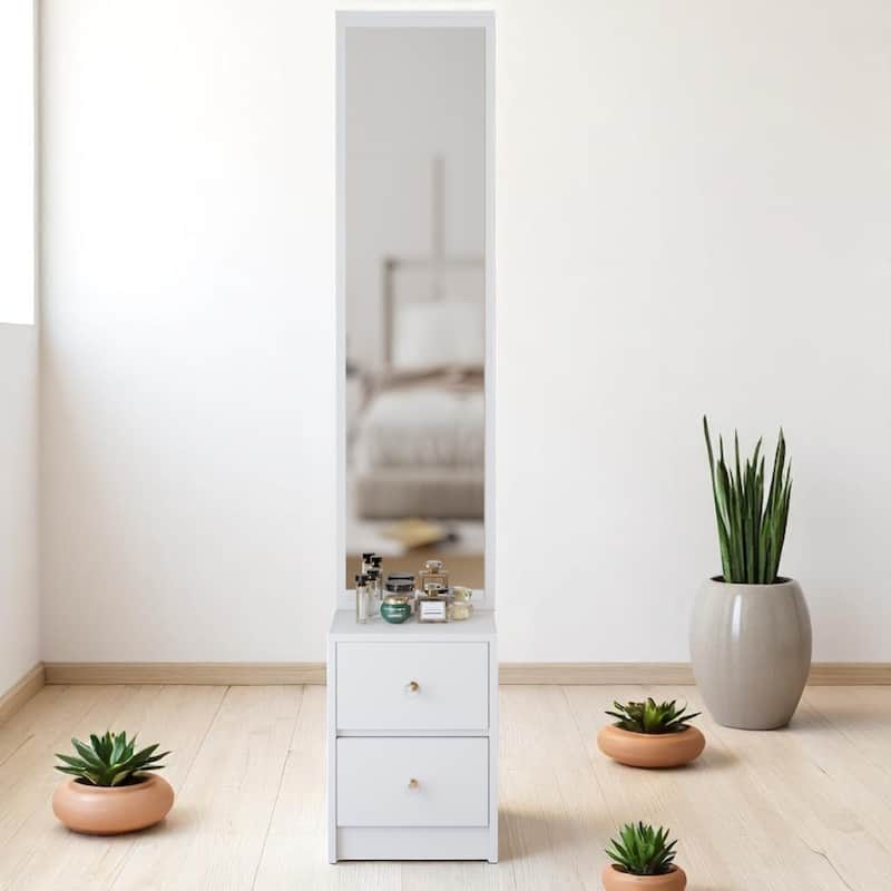 Simple Standing Mirror Cabinet with Storage Shelves, 63" Full-Length Mirror for Bedroom or Vanity Setup - White