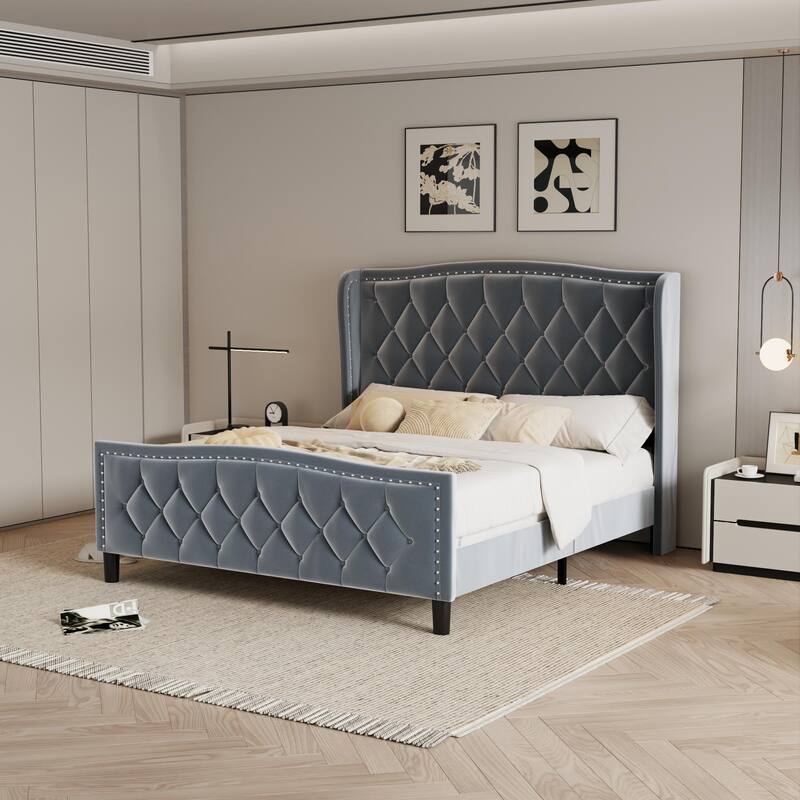 Modern Upholstered Velvet Bed with Wingback Headboard - Gray - Queen