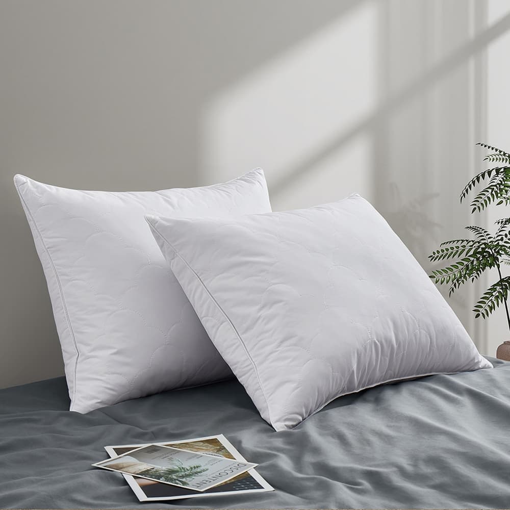 2 Pack Premium Medium-Firm Goose Feather Bed Pillow with Classic Piping - White