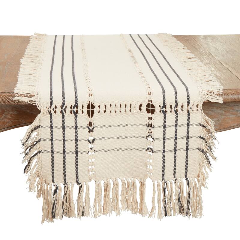 Plaid Hemstitch Table Runner with Fringe - 16"x72" - 16"x72" - Natural