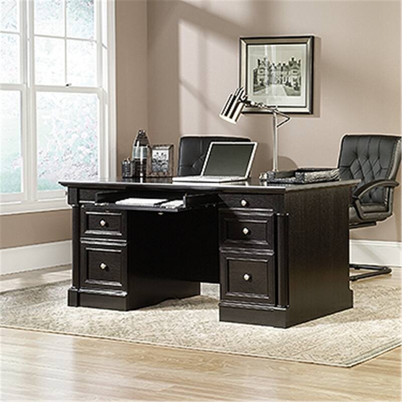 Executive Desk with 7 Drawers, Traditional Home Office Desk, Cord Management, Wind Oak Finish