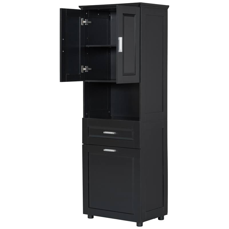 Waterproof Bathroom Cabinet with Tilt-Out Laundry Basket, Large Double Door Storage Cabinet with Adjustable Shelf and Drawer