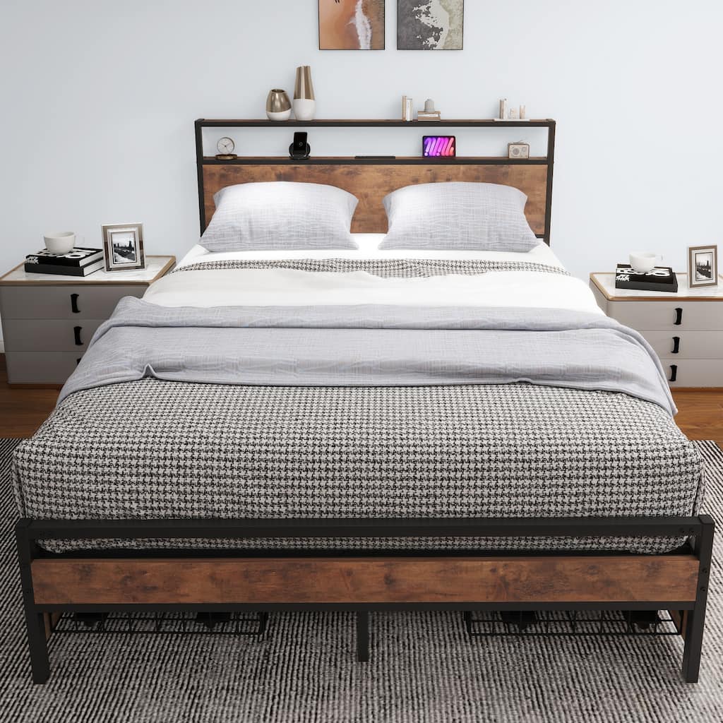 Moasis Queen Metal Platform Bed with LED Wooden Headboard