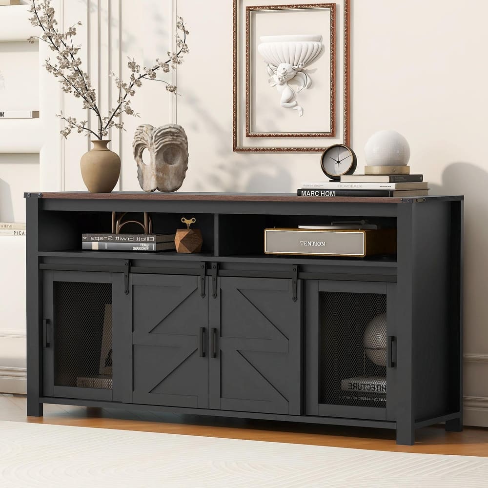59.3'' Sideboard with Sliding Barn Door and Mesh Panels, Farmhouse Buffet with Open Storage