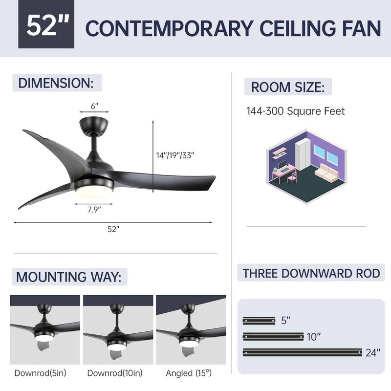 Sofucor 52 Inch Ceiling Fan with Light Remote Control,Airflow 6000CFM 3-Timer with ABS 3 Blades Reversible DC Motor