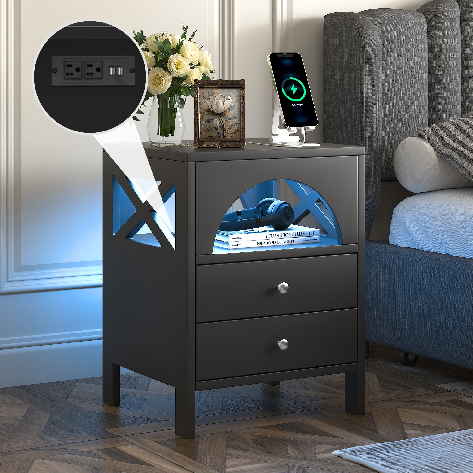 Black Nightstand with Charging Station, Night Stand with LED Lights, Modern  Led End Table Nightstand for Bedroom, Bedside Table with 2 Drawers, Bed