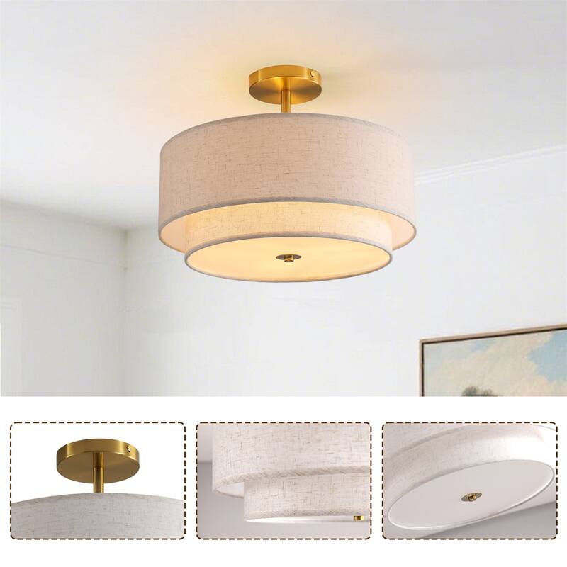 15" Modern Ceiling Light, Fabric Upholstered, Flush-Mount Fixture (Bulb Not Included)