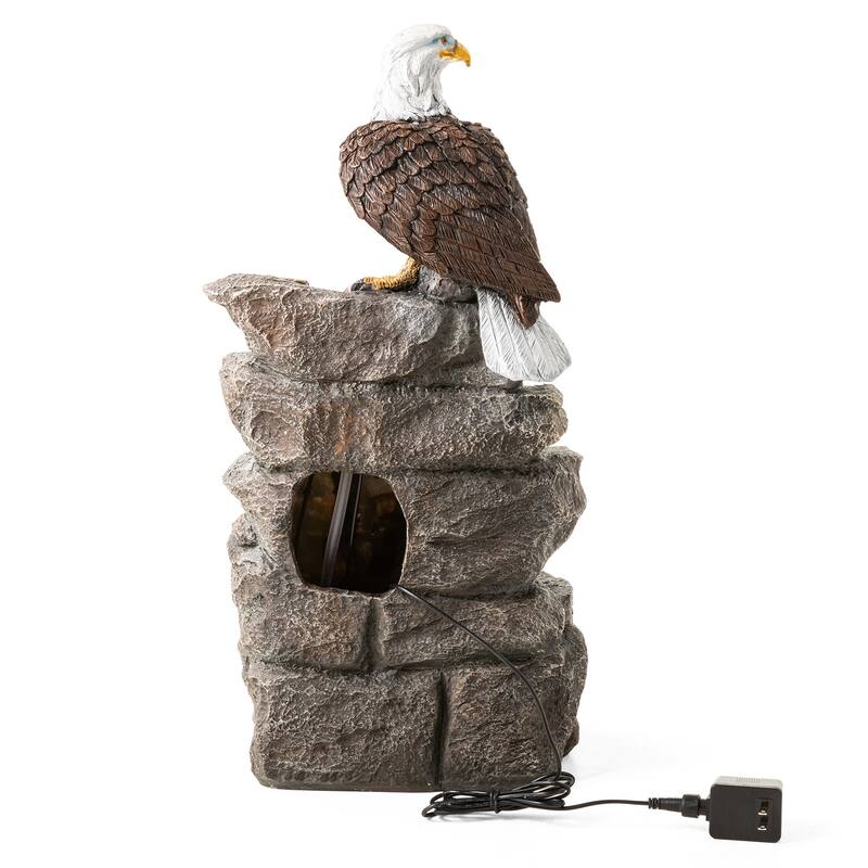 Glitzhome 25.25"H 4-Tiered Polyresin Eagel Stone Outdoor Fountain with Lights