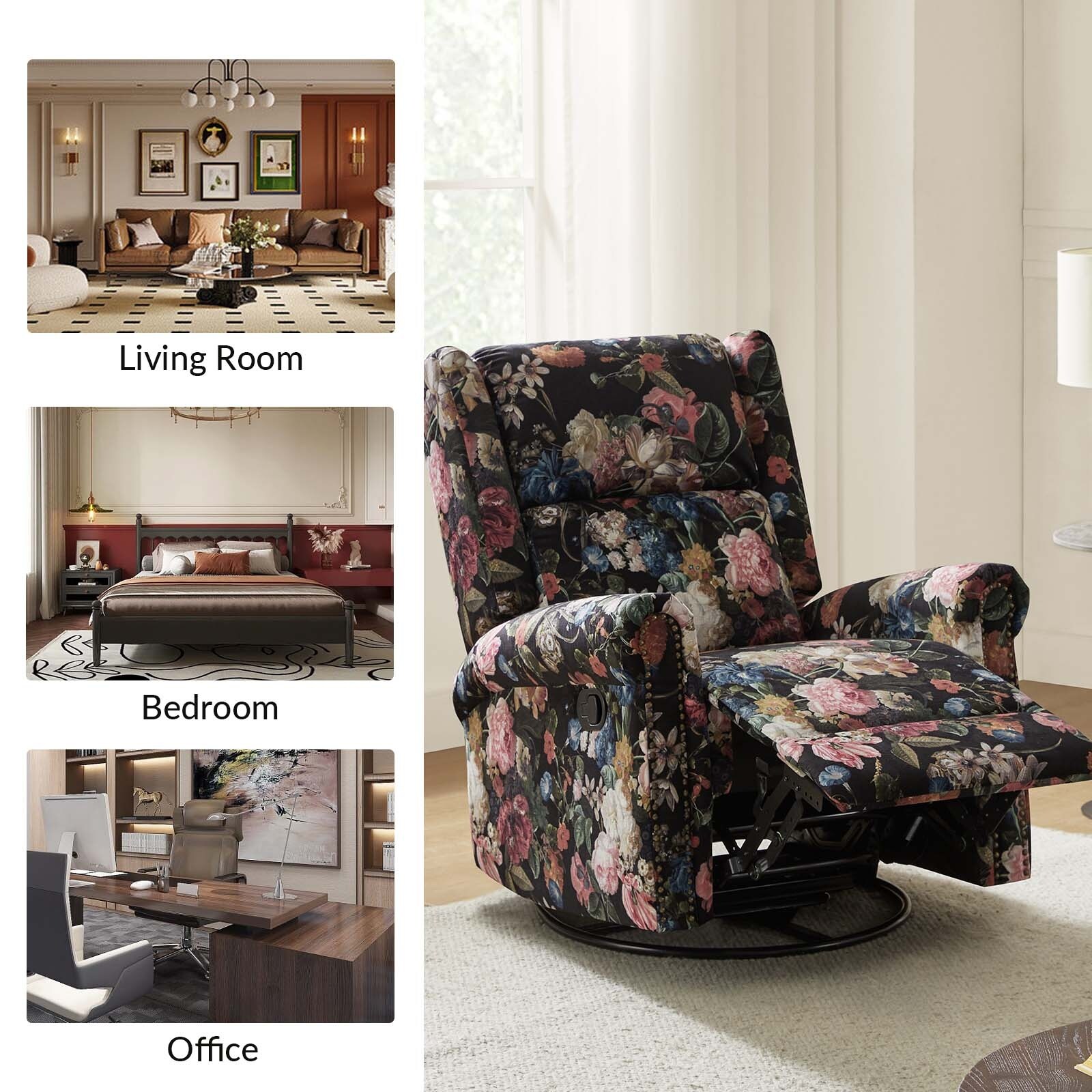Leopold Transitional Floral Print Manual Swivel Rocking Recliner with Nailhead Trims by HULALA HOME