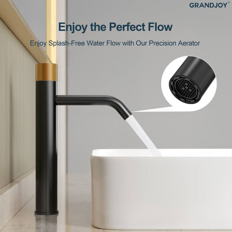 GRANDJOY 2-Pack Single Handle Vessel Sink Faucet with Pop-Up Drain, Mid-Arc Bathroom Design - Matte Black&Brushed Gold