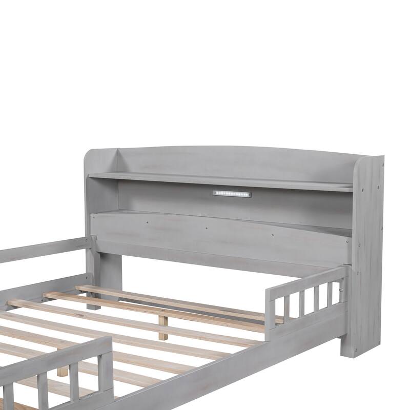 Wooden Platform Bedframe with Built-in LED Light & Storage Headboard