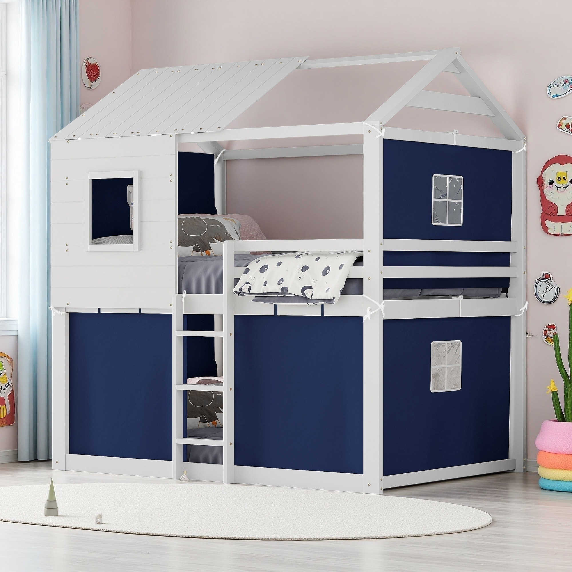 Wood House Bunk Bed with Tent