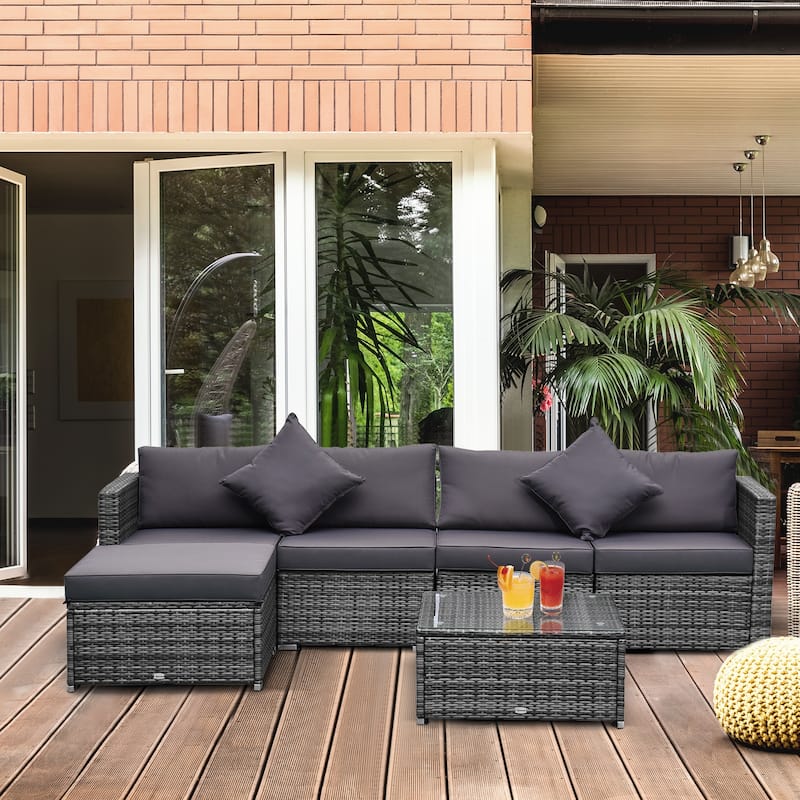 Outsunny 6-Piece Outdoor Patio Rattan Wicker Furniture Set with Comfortable Cotton Cushions, Removable Slip Covers - Grey