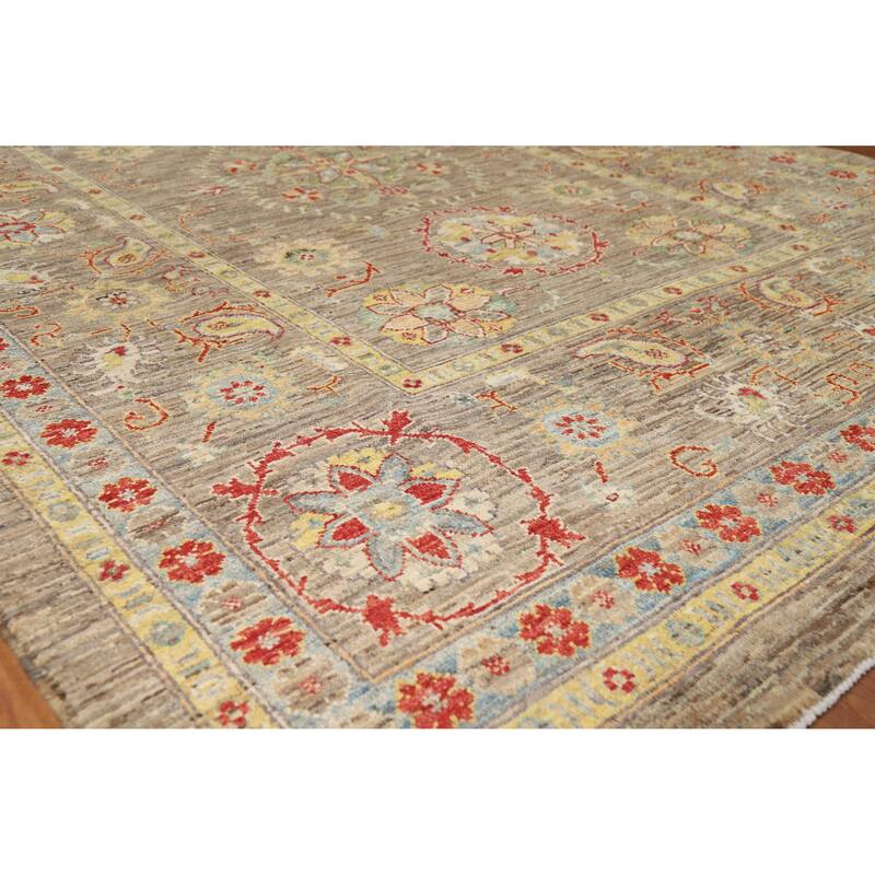 Hand Knotted Oriental 100% Wool Carpet Transitional All-Over Brown Oushak Area Rug - 9' 1'' X 6' 6''