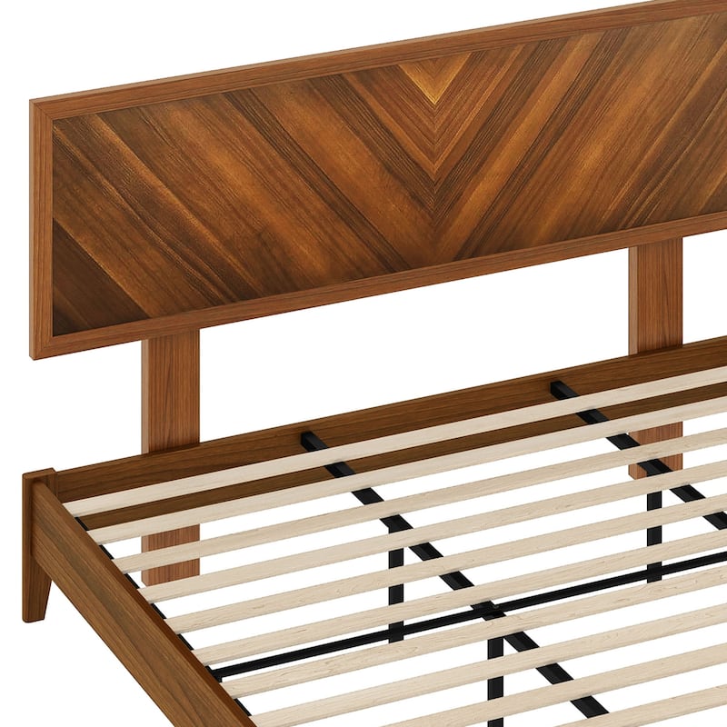 Queen/King Size Bed Frame with Adjustable Headboard Heights and Solid Wood Headboard, Walnut Color